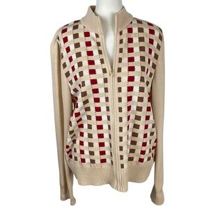 St John Wool Knit Zipper Cardigan Mock Neck Collar Multi Check Brown Tan Red